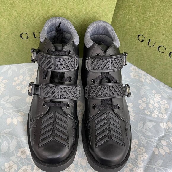 Gucci 718665 Black Leather Quebec Hi-top Calf Men's Sneakers Shoe, Sizes - Picture 14 of 16